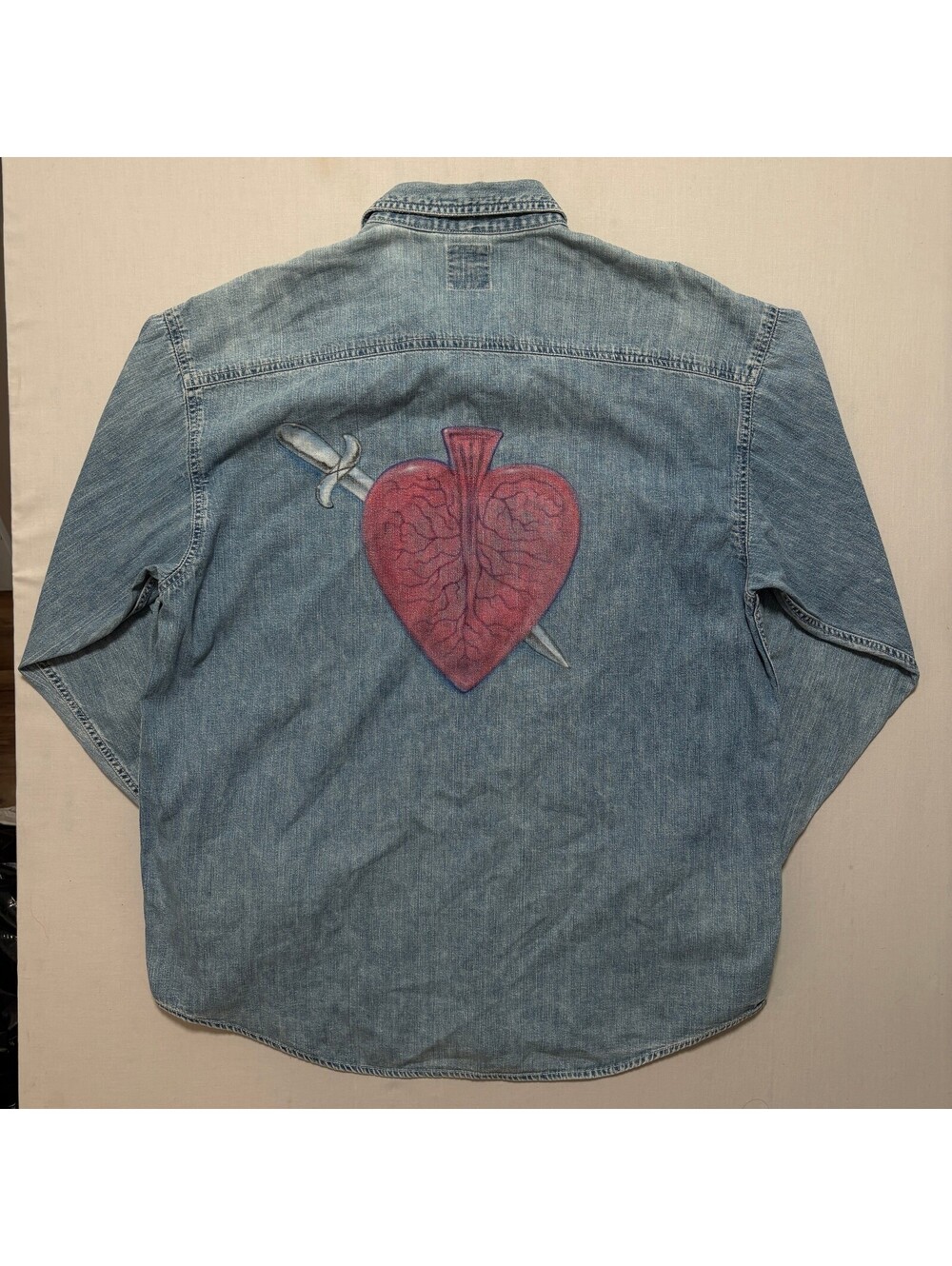 VTG 90's GAP Custom Heart Artwork Denim Pearl Snap Button Up Shirt Men's XL Blue